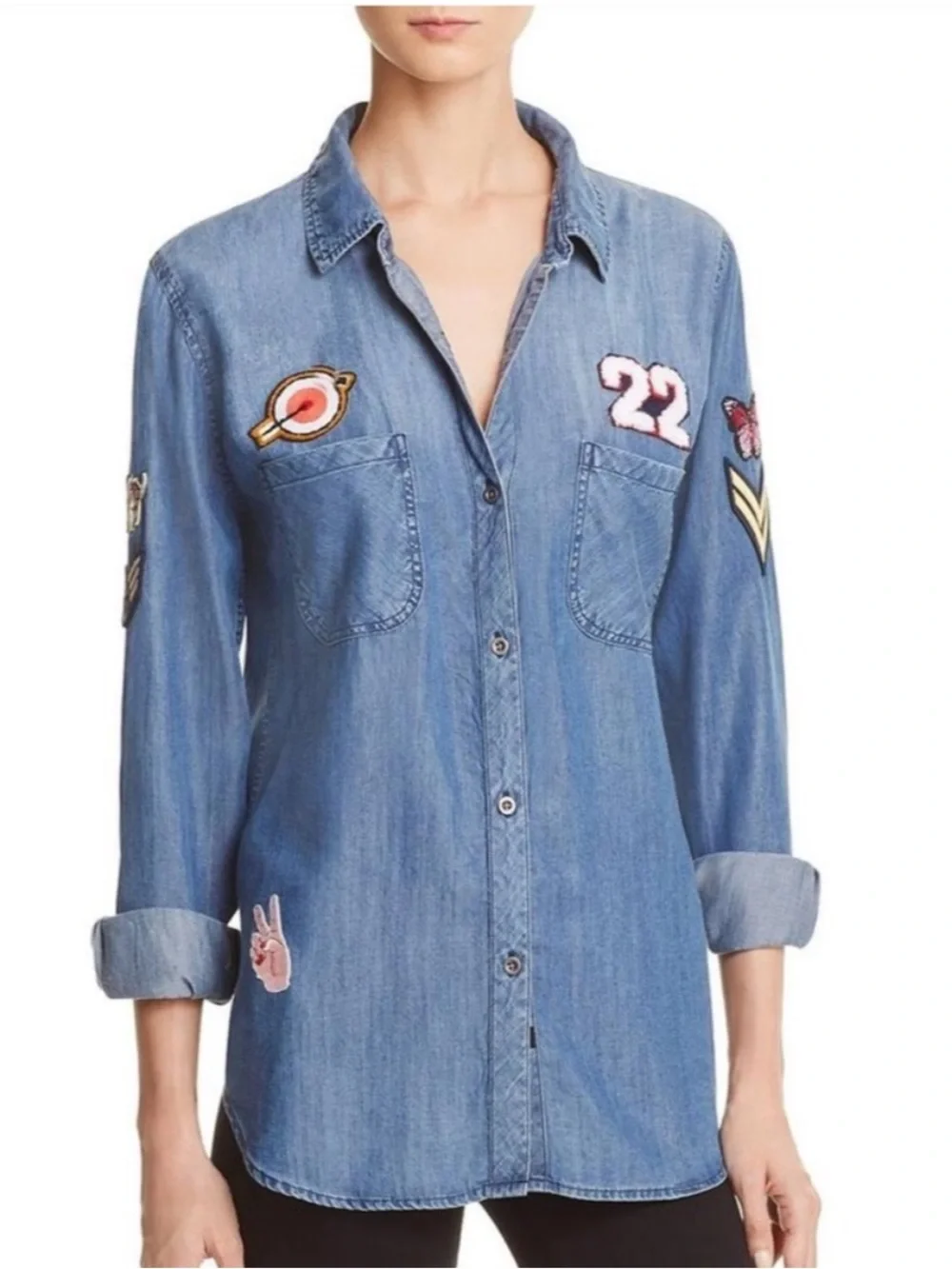 Rails Chambray Carter Patchwork Dark Vintage Button Up Denim Shirt Feather Peace